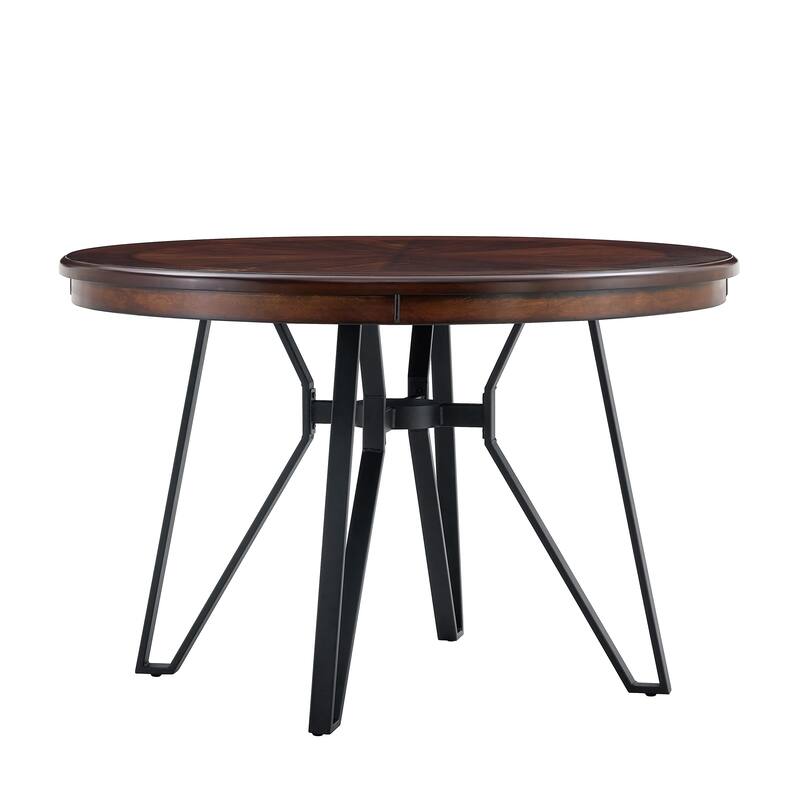 Mid-Century Modern Round Dining Table with Four Metal Hairpin-Inspired Legs - Brown