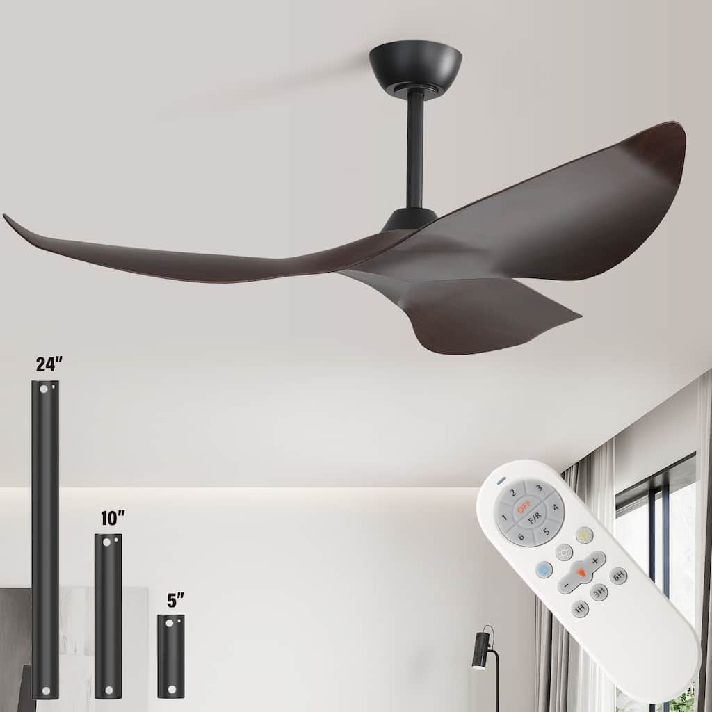 52" Modern Ceiling Fan without Lights, Remote Control and Reversible Motor,Black with Dark Wood Grain - 52 Inch