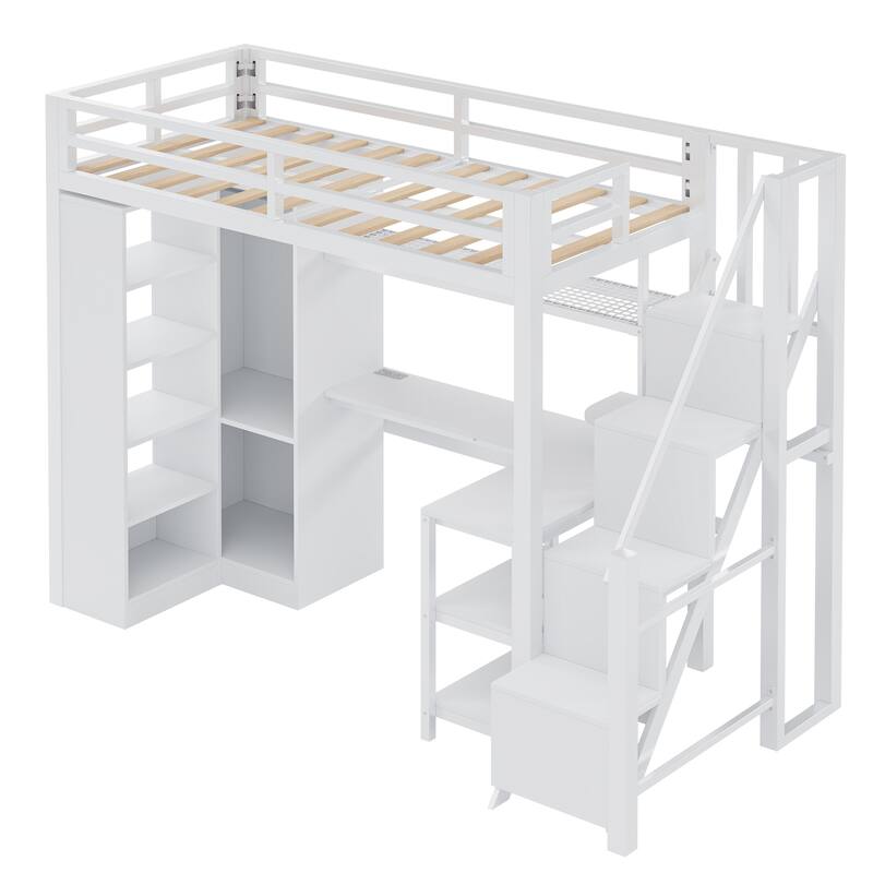 Full-Size Metal Loft Bed with Built-in Wardrobe, L-Shaped Desk, Charging Ports, and Multi-Layer Storage Shelves