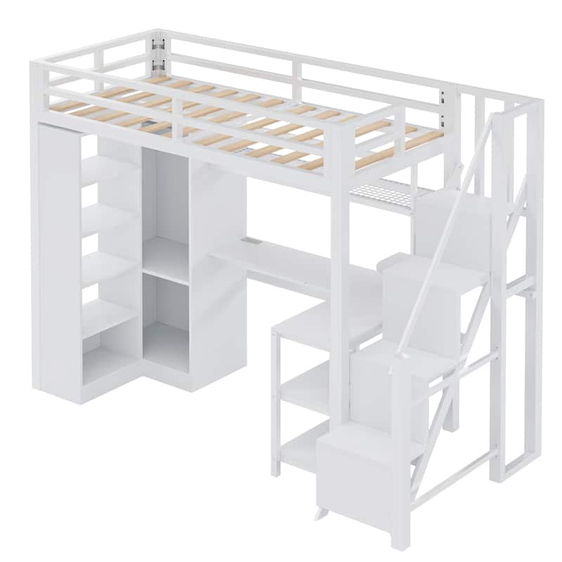 Roomfitters Metal Twin/Full Loft Bed with Desk, USB Port, Bookshelf and Storage Wardrobe, White