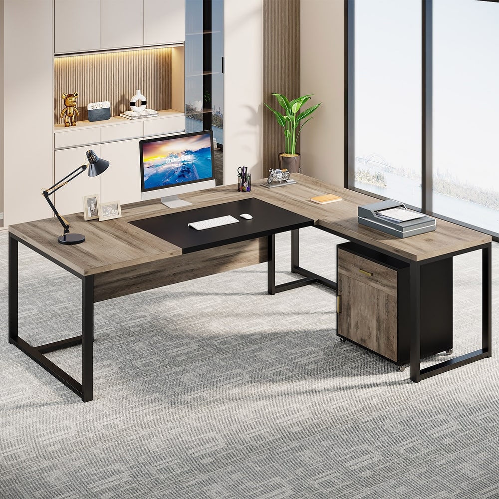 Large Executive Desk with File Cabinet, L Shaped Computer Desk Storage Cabinet