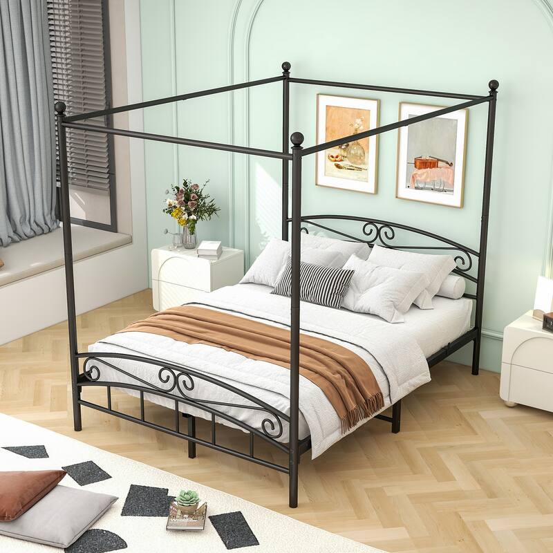 Full/Queen Size Metal/Wood Vintage style Canopy Bed Frame Platform Bed Frame