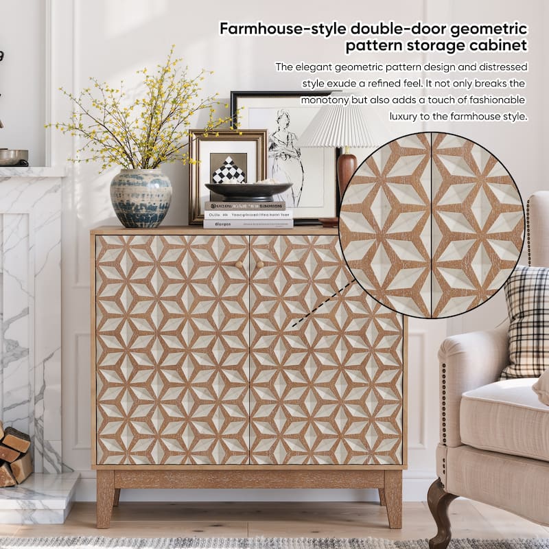 Anmytek Farmhouse Geometric Storage Cabinet Rustic Weathered Wood 2 Doors and Adjustable Shelves