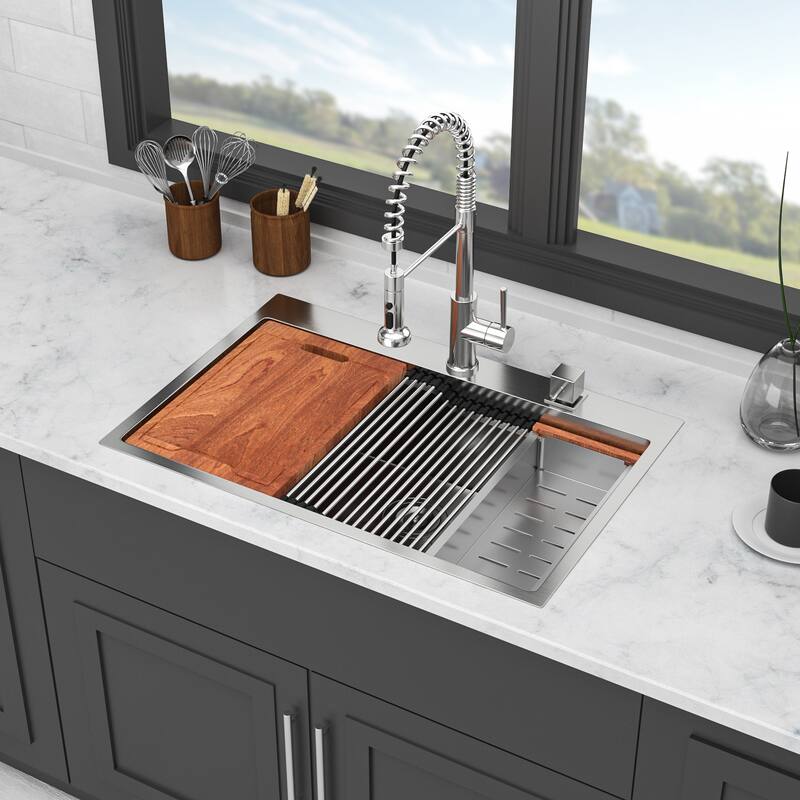 Dro-In 16 Gauge Double Bowl Stainless Steel Kitchen Sink in Brushed Nickel