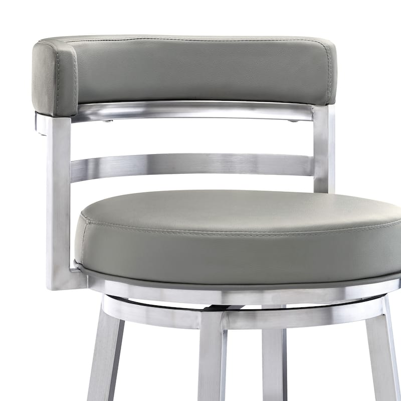 Silver Brushed Iron Frame Swivel Bar Stool with Faux Leather - 21” x 20” x 39” (D x W x H)
