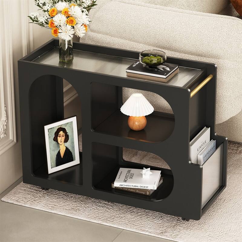 Mobile End Table with Thick Fluted Tempered Glass, Narrow Side Table with Lockable Wheels and Open Storage Compartments - Black