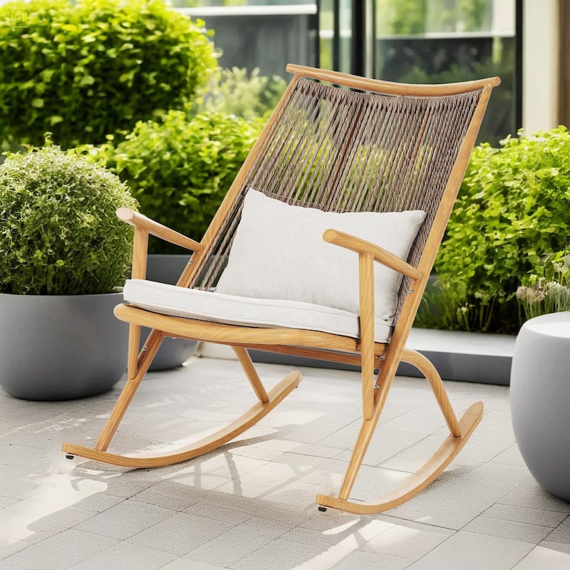 Christopher Knight Home - Auralee Iron Rattan Outdoor Rocking Chair - Maple+ Light Grey Cushion