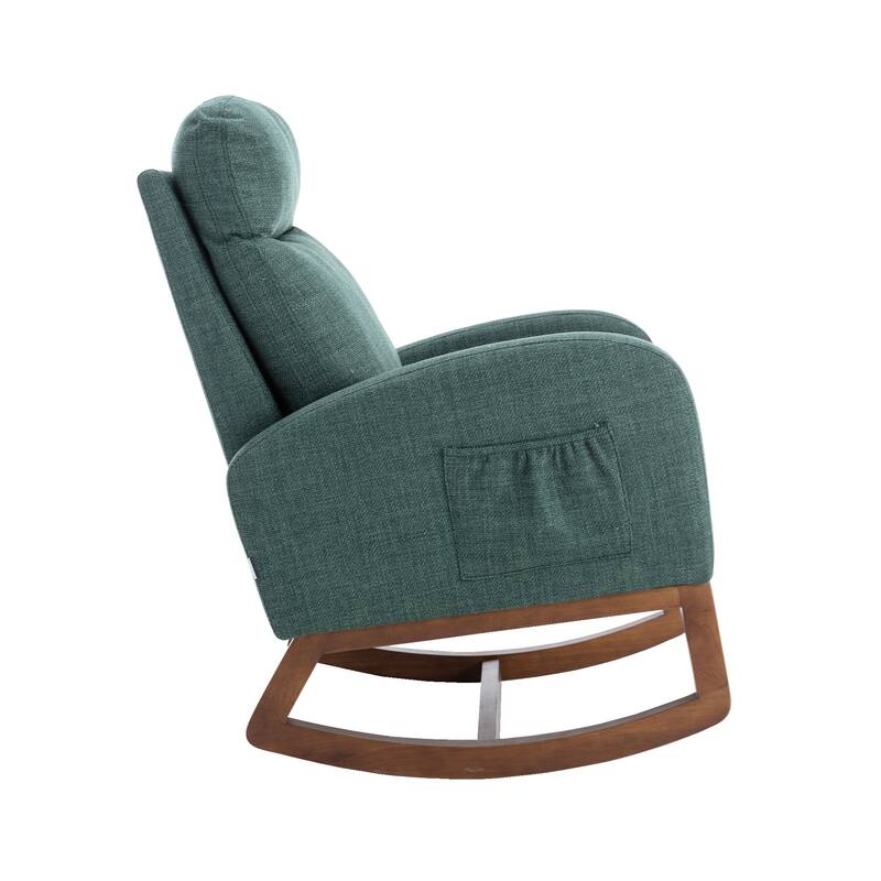 Linen High-Back Rocking Chair with Recliner Function, Side Pocket, and Solid Wood Legs