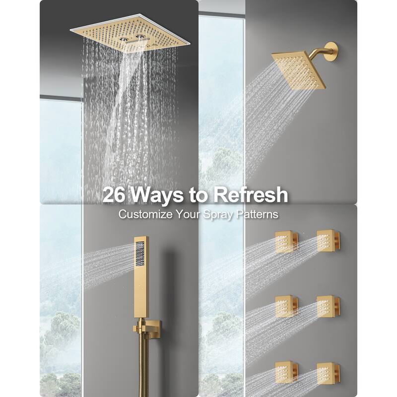 GRANDJOY LED Music Shower System 16" & 6" Dual Shower Heads with 6 Body Jets