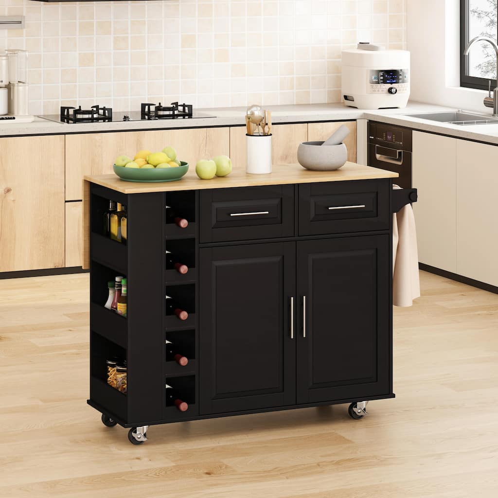 Kitchen Island Cart, 2-Door Cabinet, Dual Drawers, Spice Rack, Towel Holder, Wine Rack, Foldable Rubberwood Table