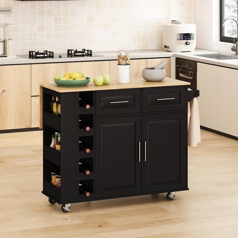 Versatile Kitchen Island Cart with Cabinet, Drawers, Spice Rack, Towel Holder, Wine Rack