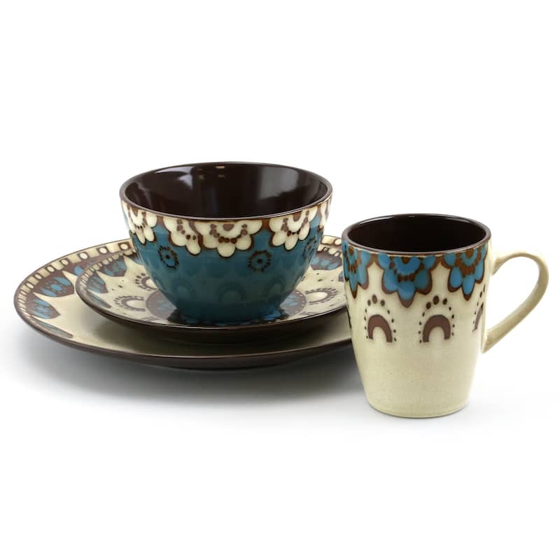Elama Sandstone Mandala 16 Piece Round Stoneware Dinnerware Set