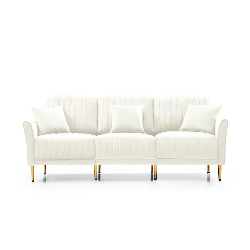 3-Seat Sofa Velvet Upholstered Living Room Tufted Back Couch Sofa with Reversible Cushions and Metal Legs, Includes Pillows
