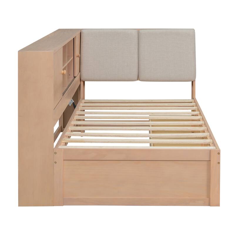 L-Shaped Daybed with Bookcase & USB Charging Port, Wood Floor Corner Bed Frame with Storage Drawers & Upholstered Headboard
