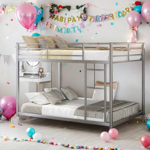 slide 2 of 10, Full over Full Modern Design Metal Bunk Bed, Low Bunk Bed with Ladder, Easy Assembly, Metal Frame Construction, Silver Silver - Twin