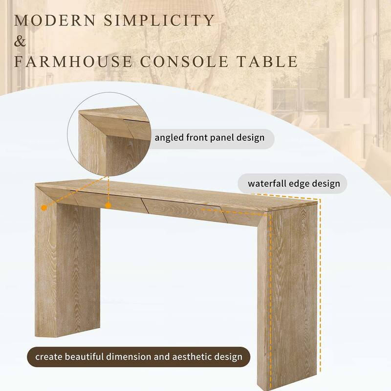 Farmhouse Console Table with 2 Concealed Drawers,Waterfall Edge,Thick Legs