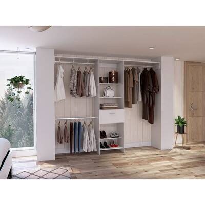 Simple Style Open Wordrob with 5 Shelves and 1 Drawer, 2 Hanging Rob Included