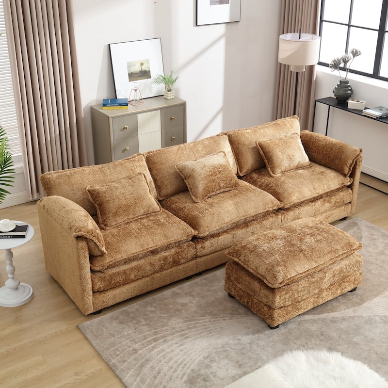 Cloud Chaise Lounge Couch L-shaped Sectional Sofa with Ottoman and Double Layered Seat Cushions for Living Room - Brown