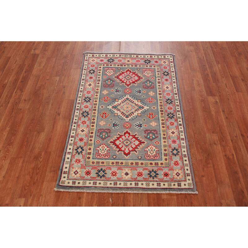 Geometric Gray Kazak Foyer Rug Hand-Knotted Wool Carpet - 2'7"x 4'1"