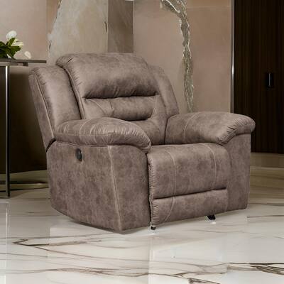 Aky 43 Inch Power Recliner Chair, Rocker, Cushioned Soft Taupe Faux Leather