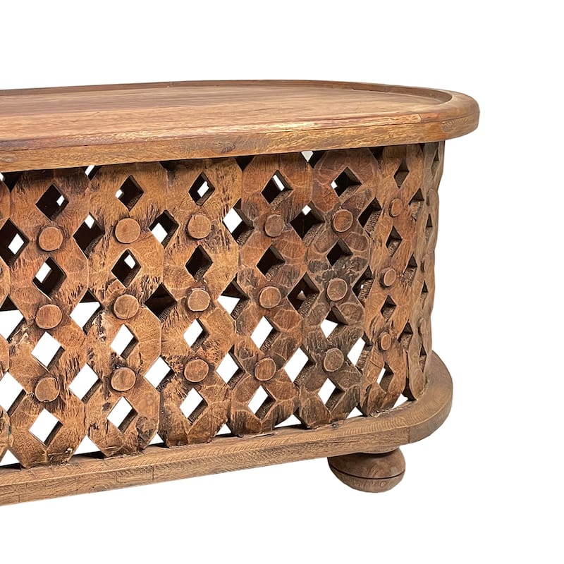 36 Inch Handcrafted Oval Coffee Table, Intricate Cutout Design, Antique Brown
