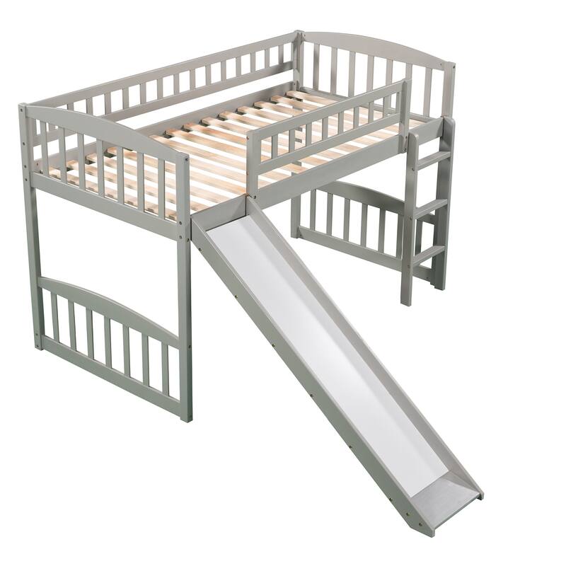 Gray Twin Loft Bed with Slide and Ladder, Space-Saving Kids Furniture