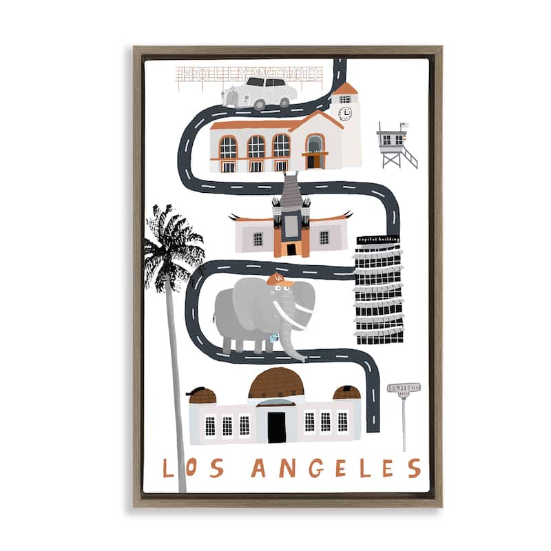Stupell Los Angeles Whimsical Travel City Framed Floater Canvas Wall Art Design By Carla Daly - 17 x 25 - Brown