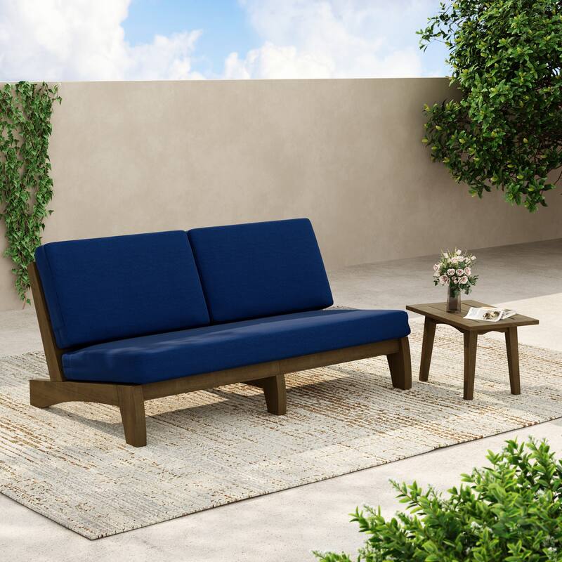 3-Seat Outdoor Sofa Set with Solid Wood Coffee Table, Weather-Resistant Cushions - Blue/Side Table - Brown Wood