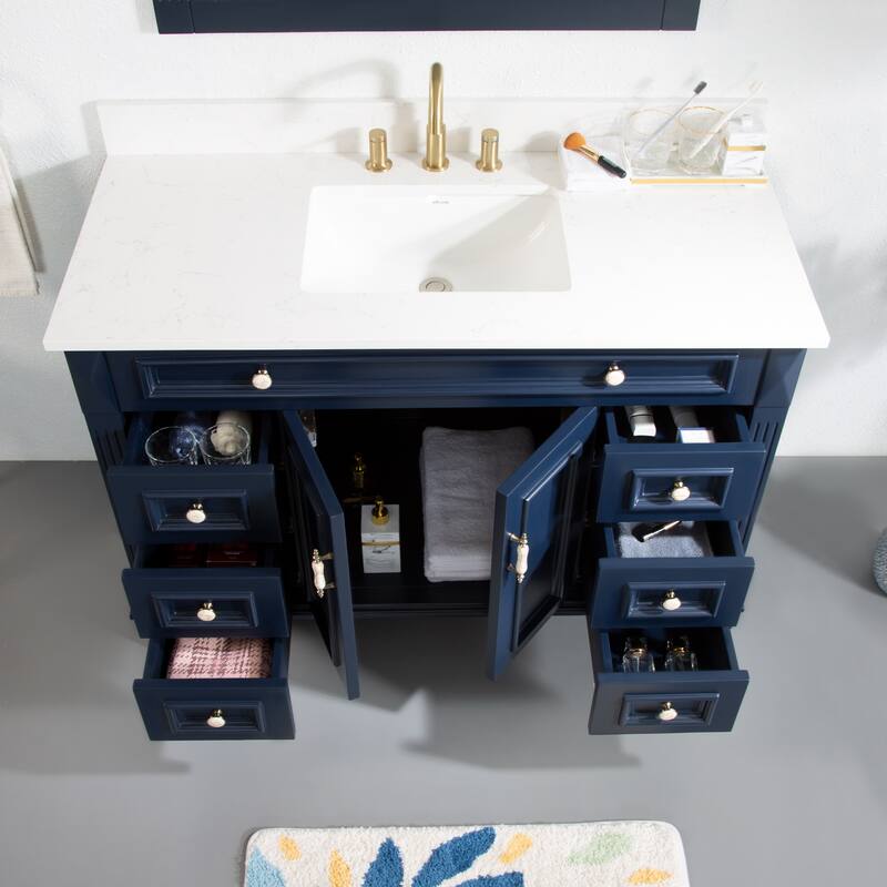 35'' H X48''W Solid Wood Bath Vanity with Stain-resistant Carrera White Quartz Top and Single Sink