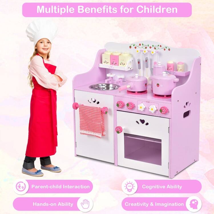 Kids Wooden Kitchen Toy Strawberry Pretend Cooking Playset - 23.6" x 11.6" x 24.4" (L x W x H)