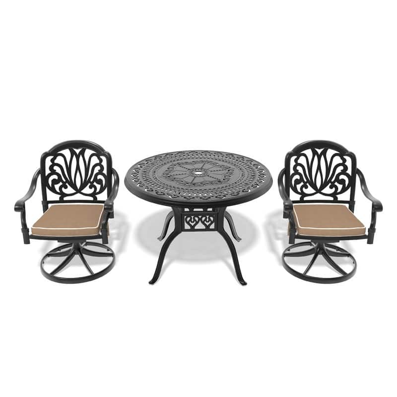 3-Piece Aluminum Round Outdoor Patio Dining Set, 2 Cushioned Swivel Chairs, Table, All-Weather Frames