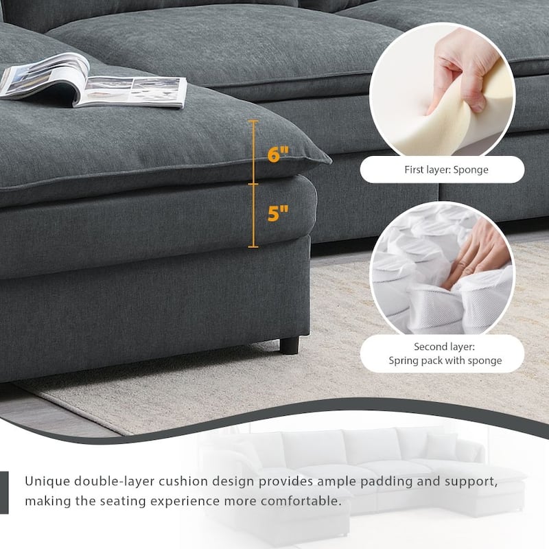U Shaped Sectional Sofa with Double Cushions and Ottomans