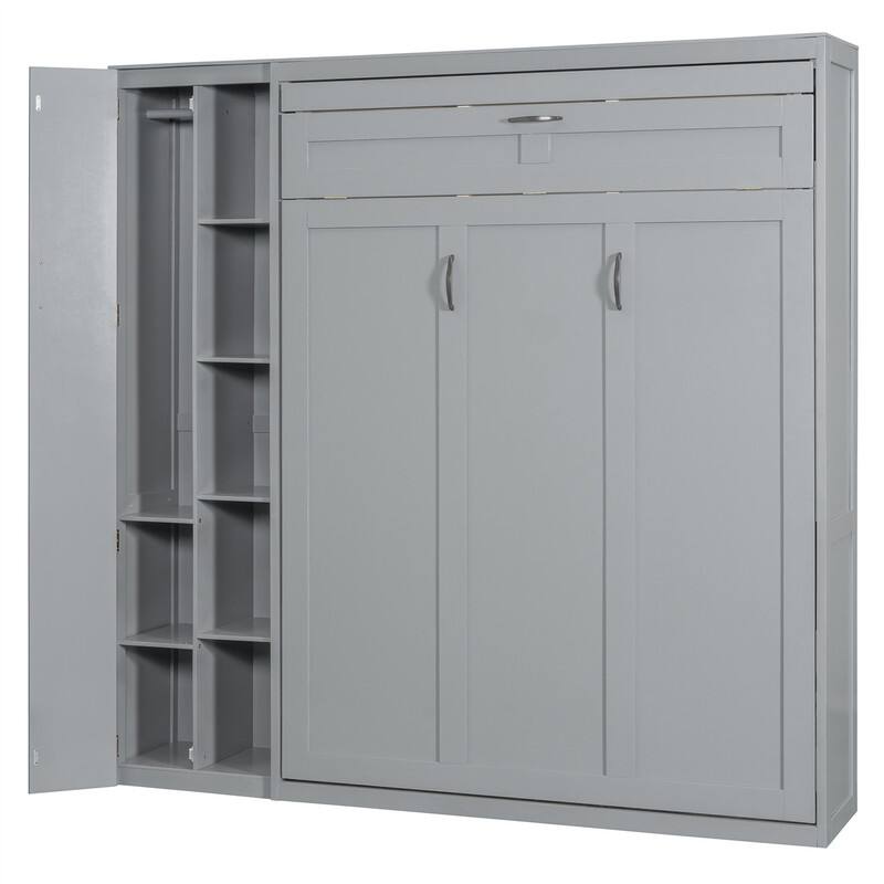 Full/Queen Size Murphy Bed Wall Bed with LED Lights and Storage Cabinet, Foldable Murphy Cabinet Bed with Open Storage Shelves