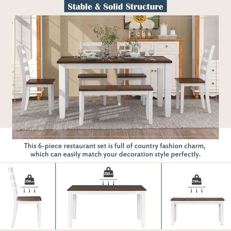 6-Piece Wooden Dining Table Set with 4 Ergonomic Chairs & Bench