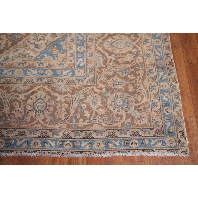 Distressed Mashad Persian Vintage Rug Hand-Knotted Pink Wool Carpet - 9'7"x 12'10"