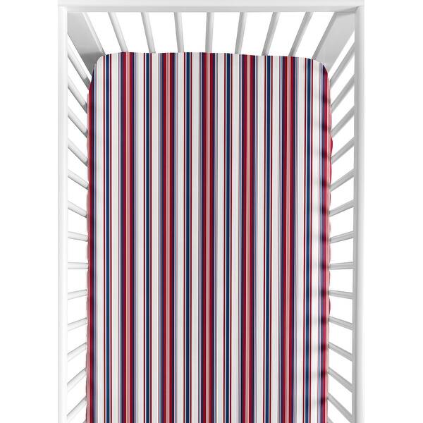 slide 2 of 6, Sweet Jojo Designs Red and White Striped Baseball Patch Sports Collection Fitted Crib Sheet