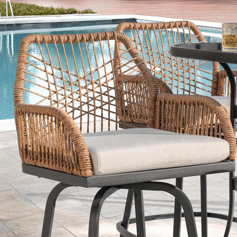 Swivel Patio Bar Set with Cushions, Handwoven Twisted Rattan Design