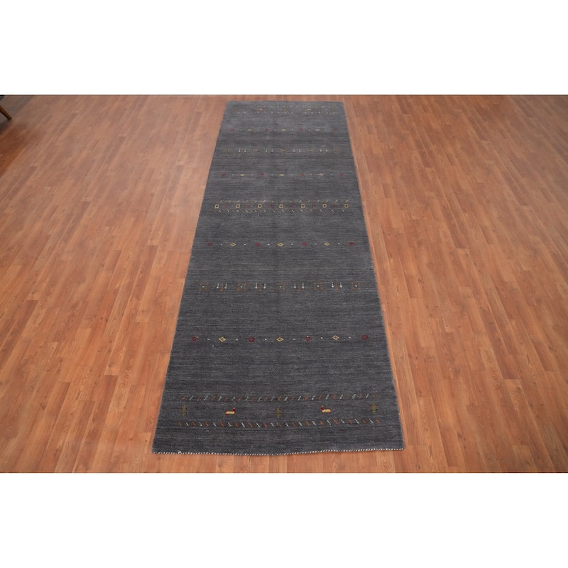 Hand Knotted Oriental 100% Wool Carpet Tribal Animal Pictorial Greys & Charcoal Gabbeh Runner Rug - 11' 10'' X 4' 1''