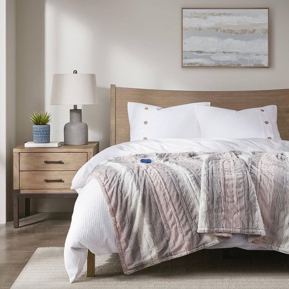 50" x 70" Ultra Soft Faux Fur Electric Throw Blanket Snow Blush/Grey