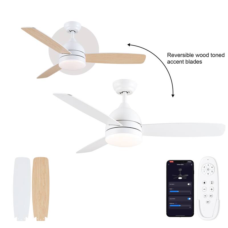 YUHAO 28 in. Integrated LED Indoor Matte White Ceiling Fans with Light Kit and Remote Control - 48 Inches - Plywood | White