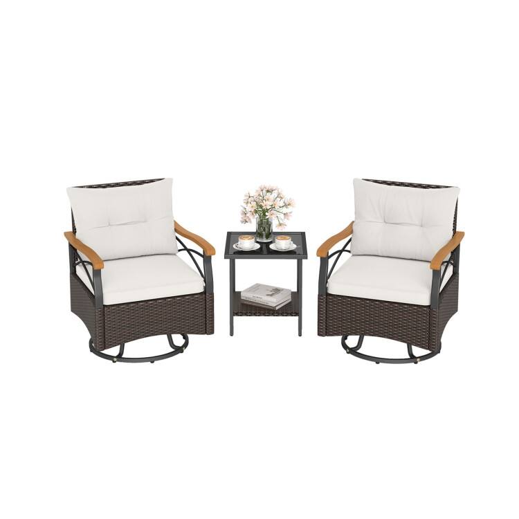 3 Piece Mix Brown Rattan Swivel Chairs Set with Cushions and Table - Chair: 27" x 25" x 33.5"