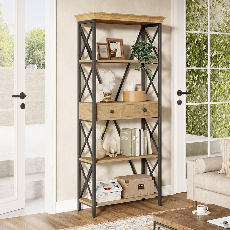 70.9" Wood Bookshelf with Drawers, Open Storage Shelf Bookcase, Living Room Office Bedroom Display Accent Shelf