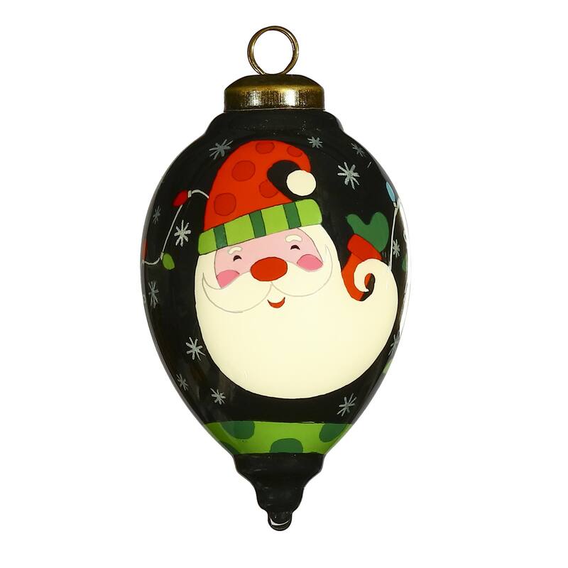 Santa in Holiday Lights Hand Painted Mouth Blown Glass Ornament - 4" x 2.5" x 2.5"