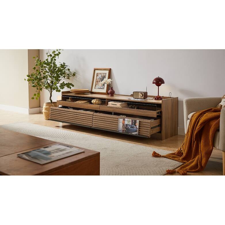 68.9" TV Stand with Glass Front Drawers and LED Charging Station