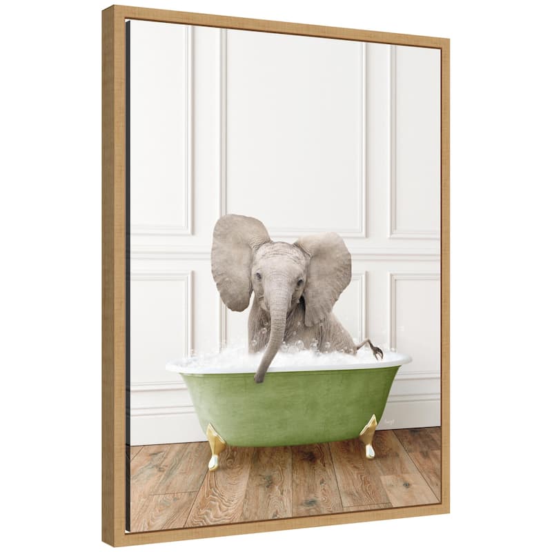Kate and Laurel Sylvie Baby Elephant 4 in Transitional Bathtub Framed Canvas by Amy Peterson - Natural