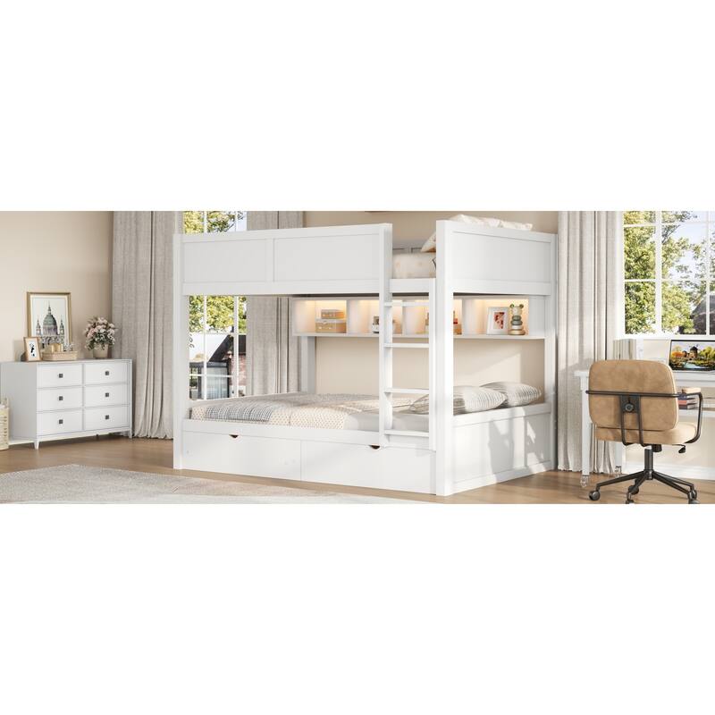 Roomfitters Full XL Over Full XL Bunk Bed with Storage Cabinets, LED Light and Drawers