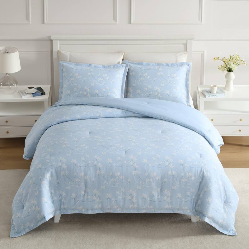 Laura Ashley Magnolia Grove Floral Reversible Breathable Cotton Comforter Set (Blue)