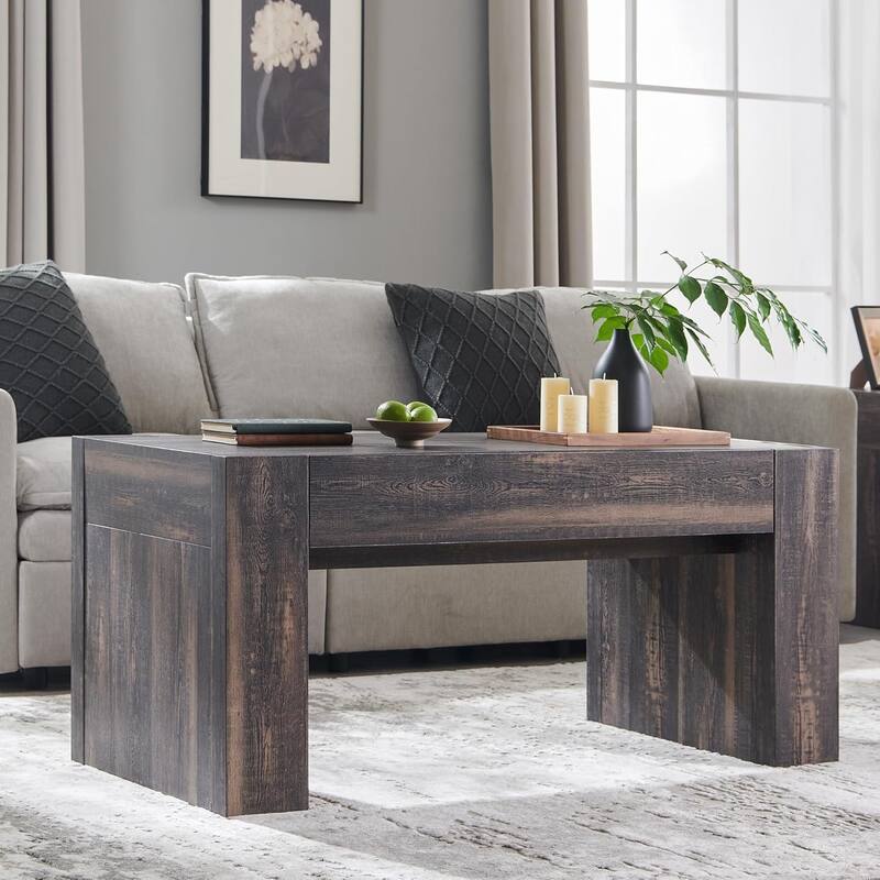 Modern Coffee Table, Wooden Living Room Table w/ Hidden Storage Drawer - Dark Rustic Oak