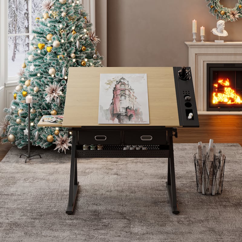 Adjustable drawing drafting table desk with 2 drawers for home office and school with stool