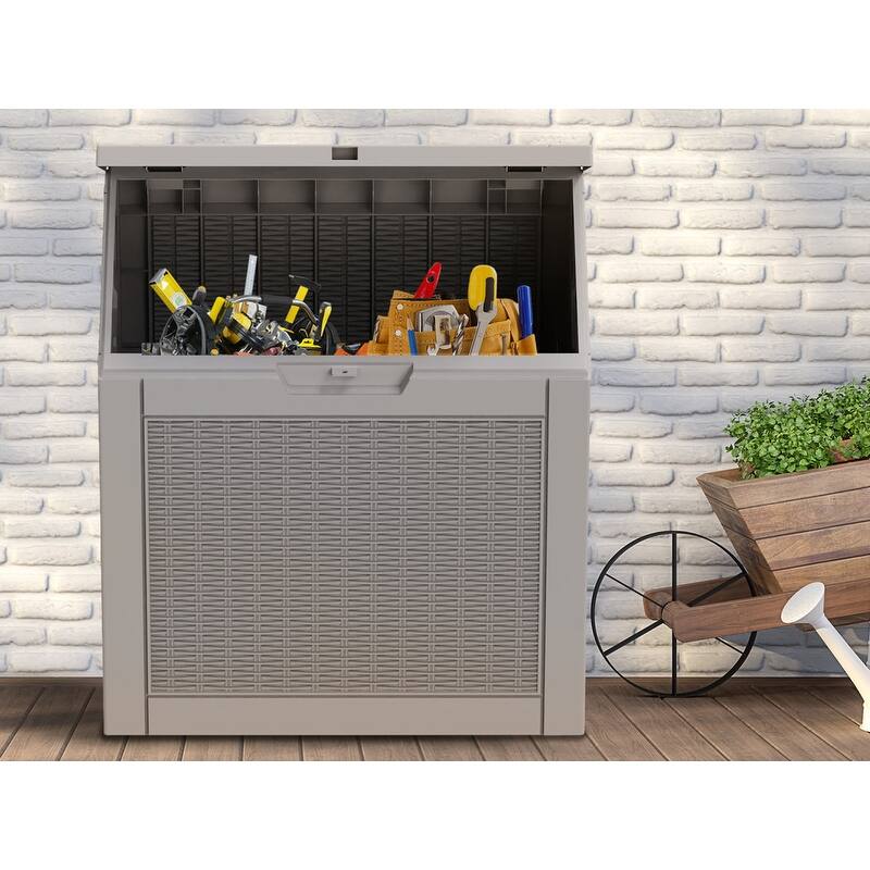 30 Gallon Outdoor Storage Box with Woodgrain or Rattan Effect /Durable, Weatherproof, UV Protected, Easy to Assemble - 30GAL